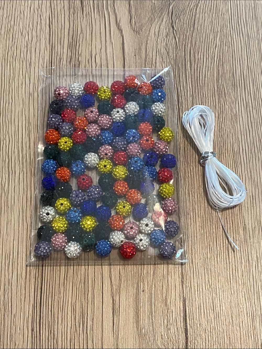 Multicolor Rhinestone Disco Beads with White Elastic Cord